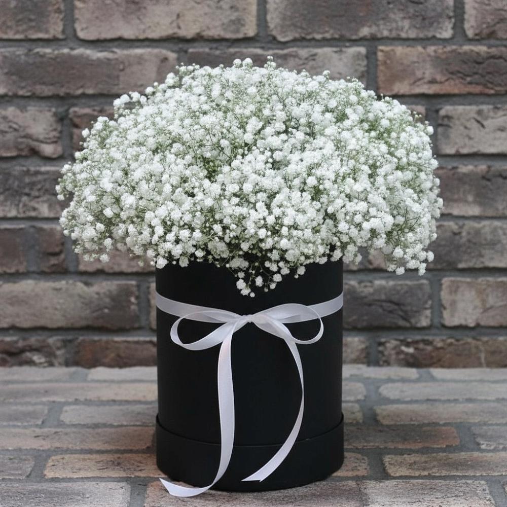 Цветочная композиция из Гипсофила в шляпной коробке в Новосысоевке