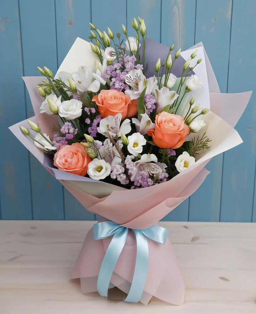 Букет цветов из: Лизиантусы, Розы, Альстромерии и Гипсофила в Новосысоевке
