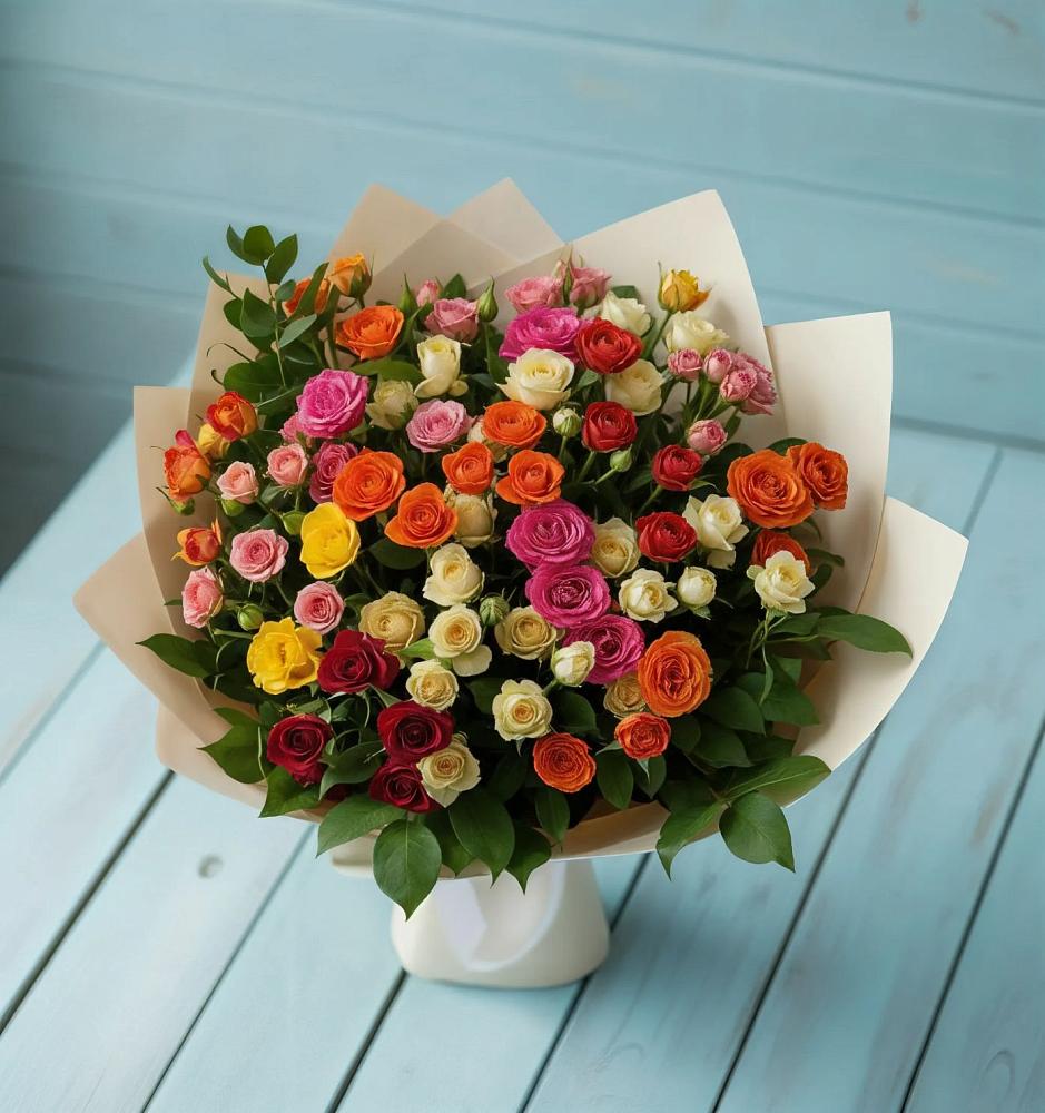 Букет Микс из разноцветных кустовых роз в Новосысоевке