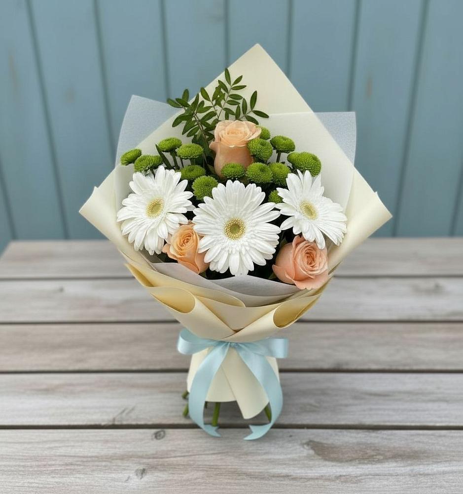 Букет цветов из: Герберы, Розы и Хризантемы в Новосысоевке