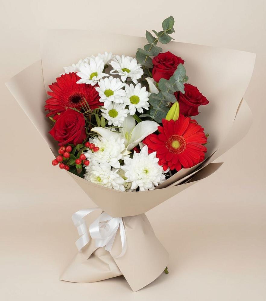 Букет цветов из: Розы, Хризантемы, Герберы и Лилии в Новосысоевке